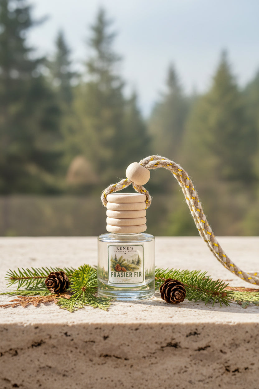 Frasier Fir hanging car air freshener with wooden diffuser cap displayed with evergreen branches and pinecones against a softly blurred forest background.