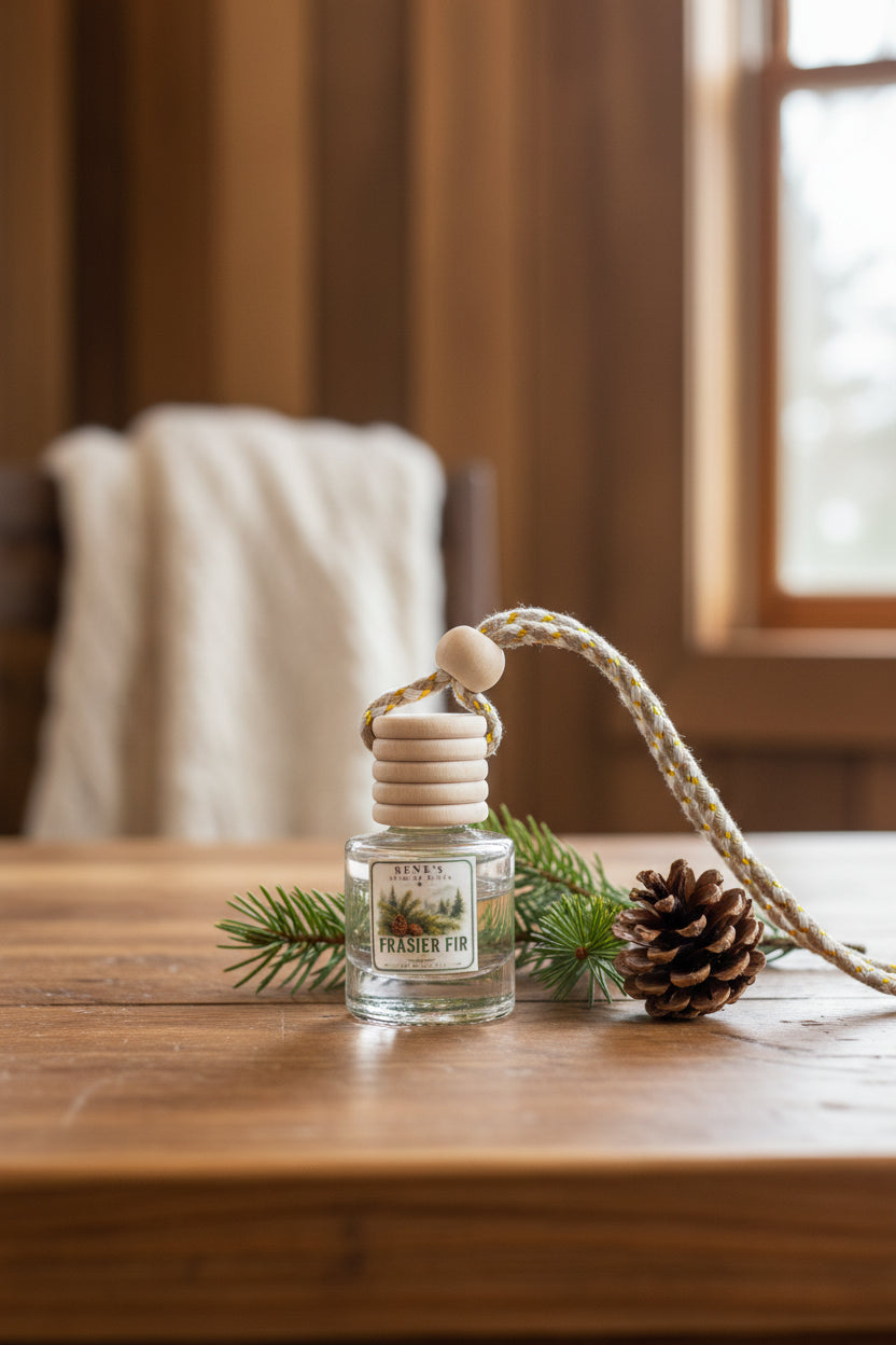 Frasier Fir car air freshener with wooden diffuser cap displayed on a rustic wood table beside evergreen branches and a pinecone in a cozy cabin setting. 🌲🤎