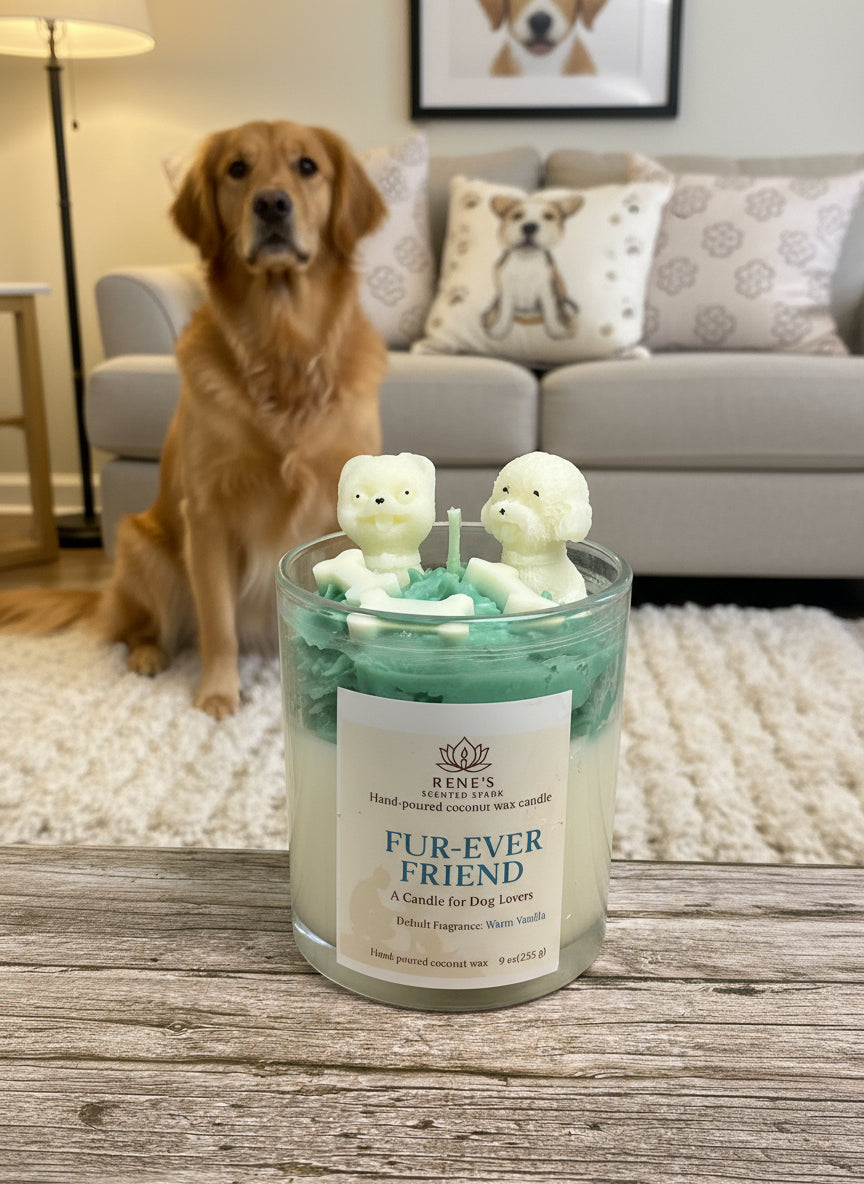 Glass candle with dog-shaped candles on a white table in a living room setting with a dog on the rug