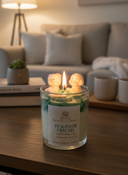 Candle with dog-shaped candles inside on a wooden table in a cozy living room.