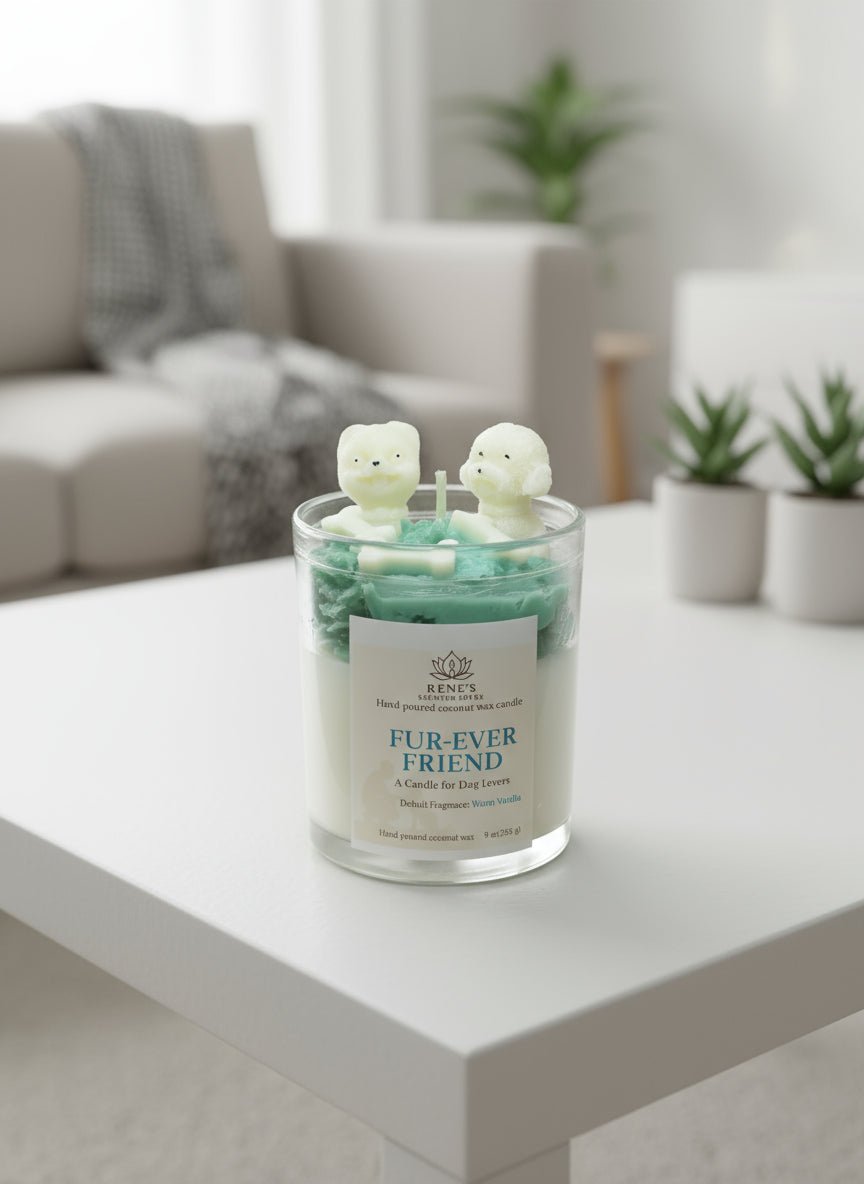 Glass candle with dog-shaped candles on a white table in a living room setting