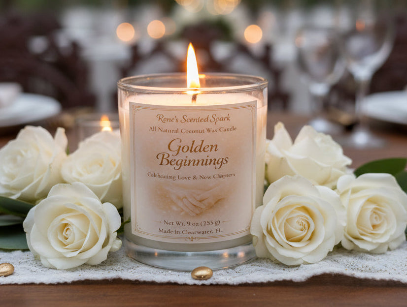 Candle labeled 'Golden Beginnings' surrounded by white roses on a table.