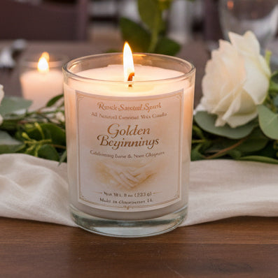 Candle labeled 'Golden Beginnings' with a white rose and greenery in the background