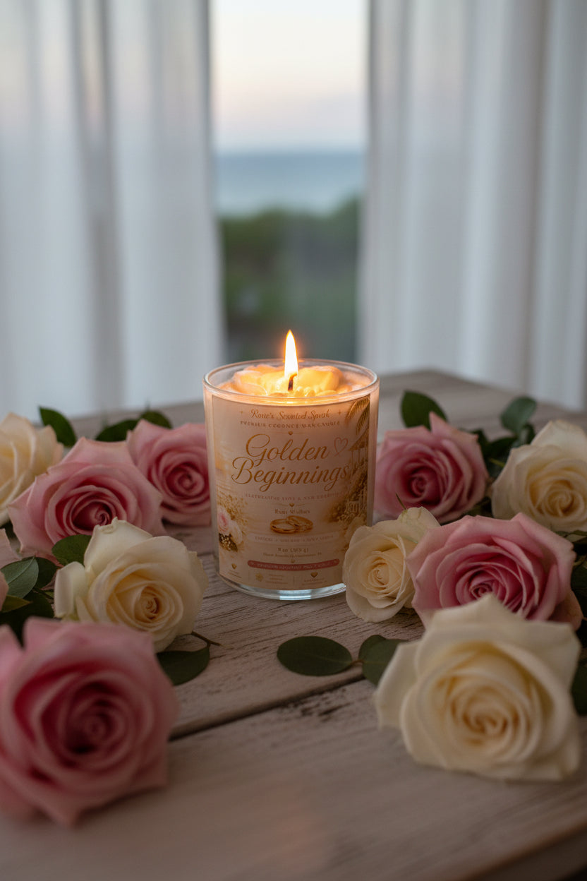 Candle in a glass jar labeled 'Golden Beginnings' on a white surface with pink and white labels