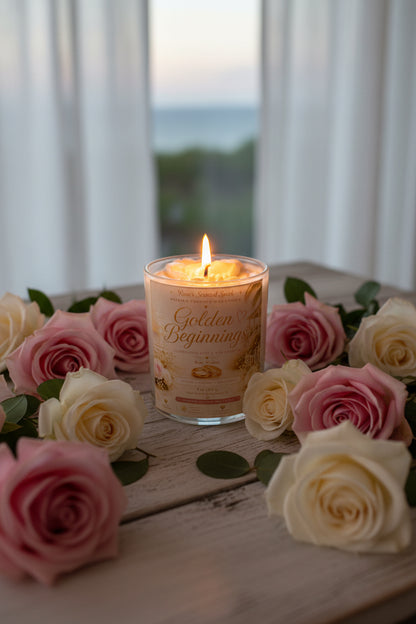 Candle in a glass jar labeled 'Golden Beginnings' on a white surface with pink and white labels