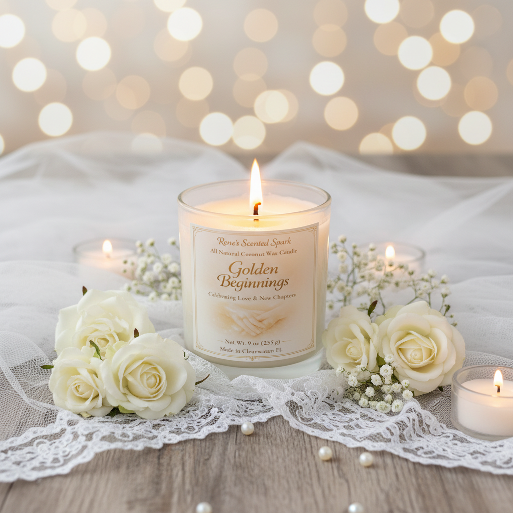 Candle in a glass jar with a label on a wooden surface