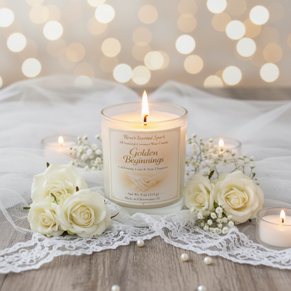 Candle in a glass jar with a label on a wooden surface