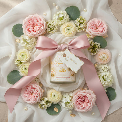 Golden Beginnings candle as a bridal shower gift, wrapped in ribbon with a gift tag, soft blush and cream tones