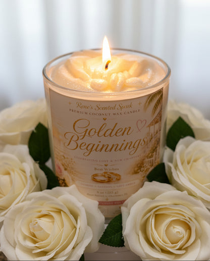 Hand-poured coconut wax candle with sculpted clasped hands symbolizing unity and love – Golden Beginnings by Rene's Scented Spark