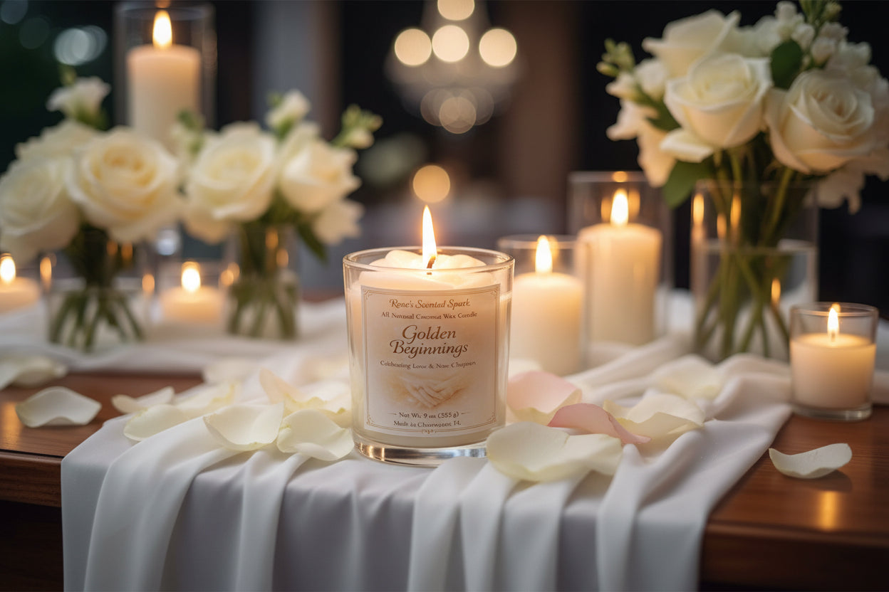 Golden Beginnings wedding gift candle, lit coconut wax candle with clasped hands design, romantic décor with roses, petals, and warm ambient lighting