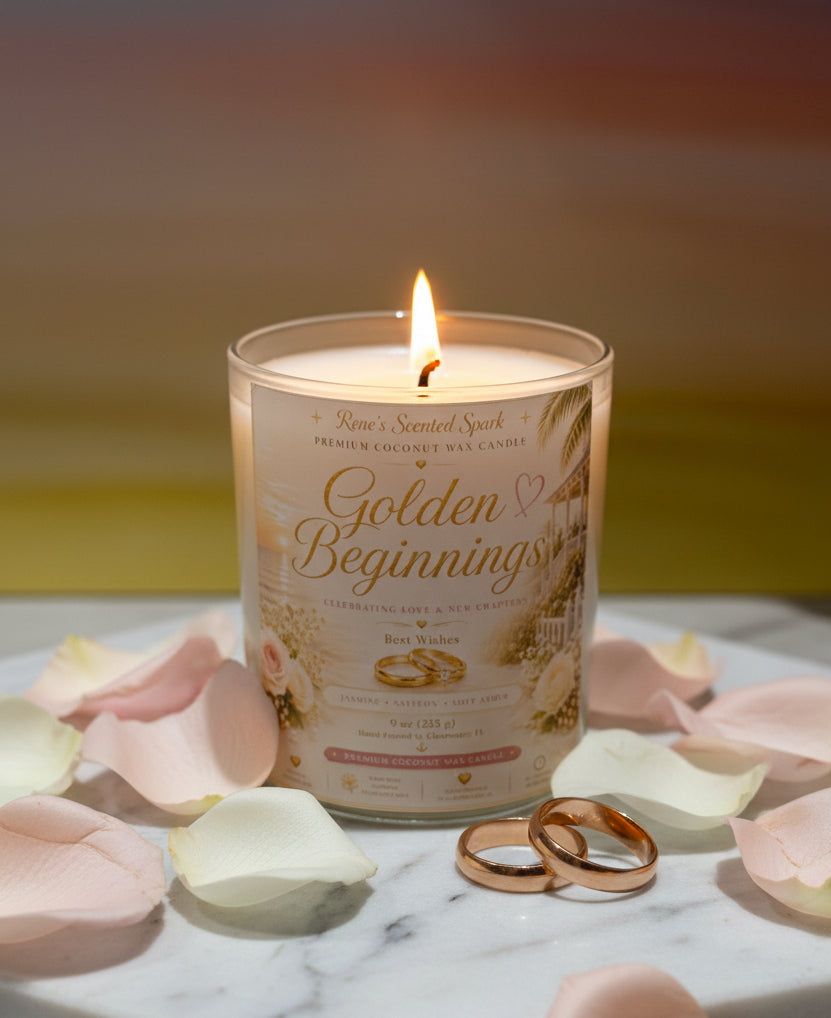 Golden Beginnings unity candle styled for wedding or engagement gift –with pink and white rose petals