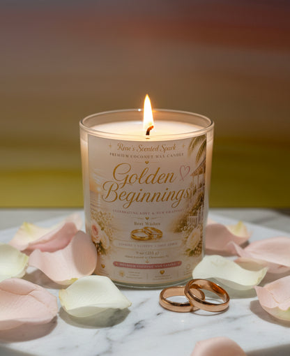 Golden Beginnings unity candle styled for wedding or engagement gift –with pink and white rose petals