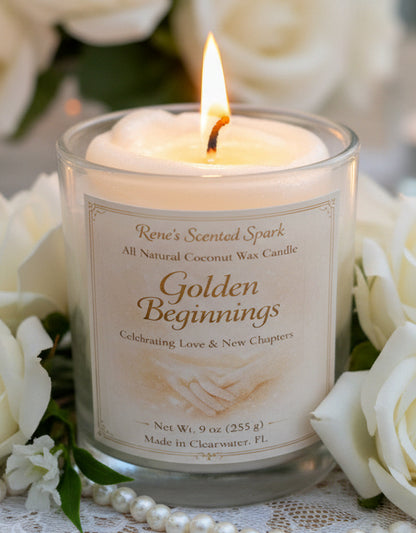 Candle labeled 'Golden Beginnings' surrounded by white flowers