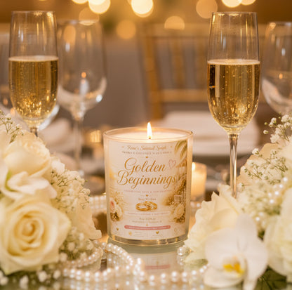 Golden Beginnings unity candle styled for wedding or engagement gift – coconut wax, jasmine and vanilla scent