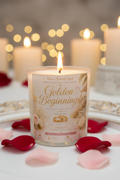 Candle with 'Golden Beginnings' label with two rings and pink and white rose petals and candles in the background
