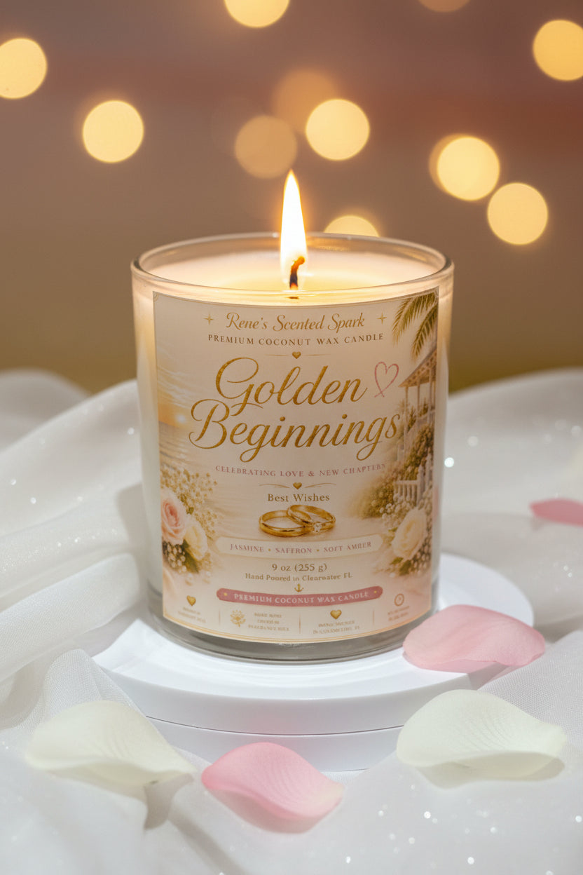 Candle with a decorative label on a white surface with sparkles and pink and white rose petals with lights in the background