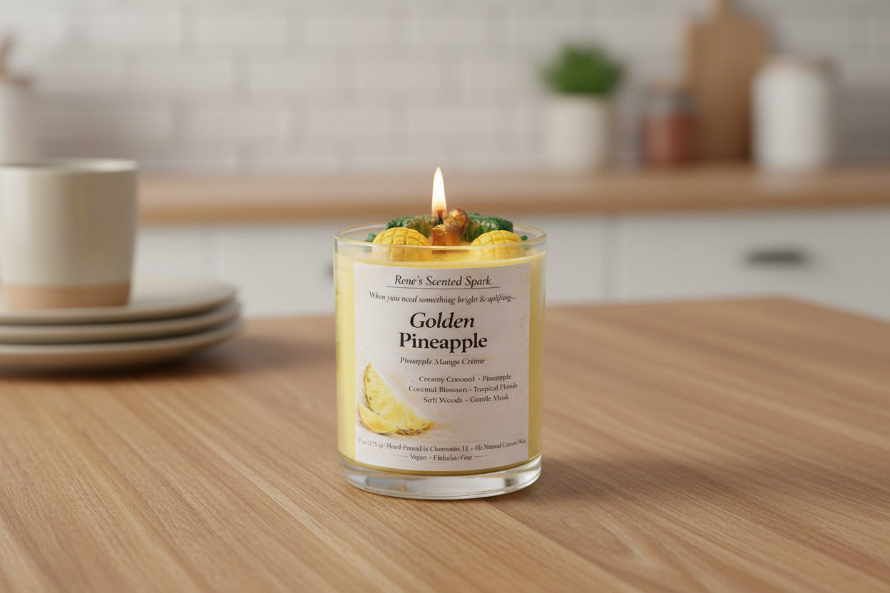 Lit Golden Pineapple candle on a wooden kitchen counter with soft natural light and neutral decor in the background.