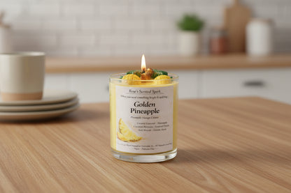 Lit Golden Pineapple candle on a wooden kitchen counter with soft natural light and neutral decor in the background.