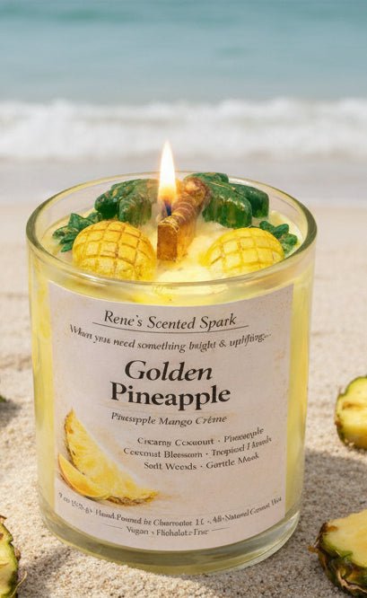 Lit Golden Pineapple candle on the sand with ocean waves in the background, featuring tropical wax pineapple embeds