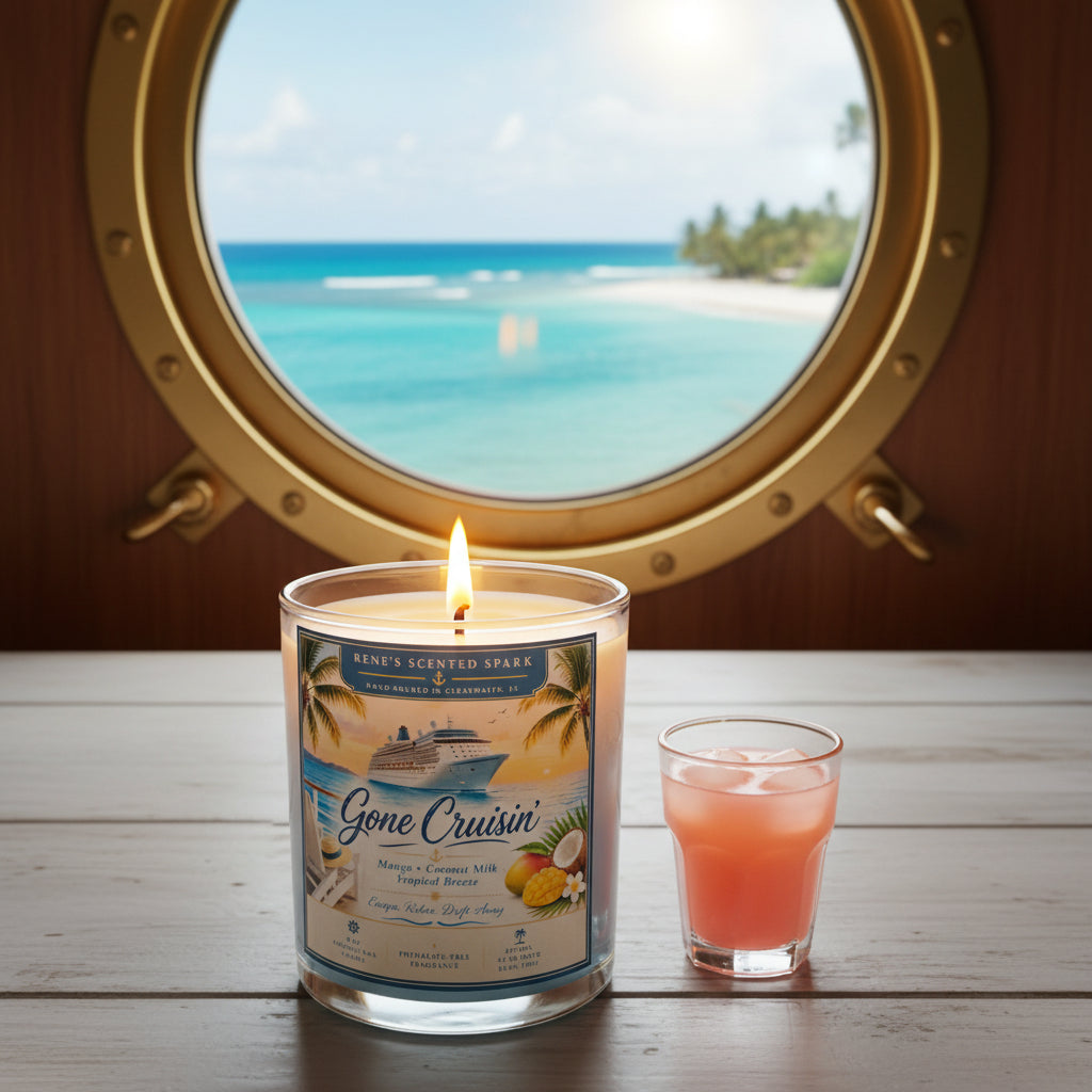 Lit Gone Cruisin' hand-poured coconut wax candle displayed beside a tropical drink with an ocean view through a cruise ship porthole. Mango Coconut Milk scented candle inspired by Caribbean vacations