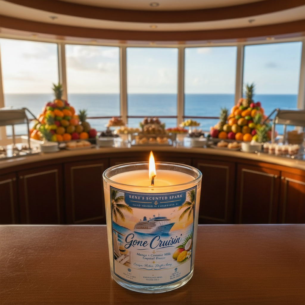 Lit Gone Cruisin' hand-poured coconut wax candle displayed in front of a cruise ship buffet overlooking the ocean. Mango Coconut Milk scented candle inspired by tropical vacations and life at sea.