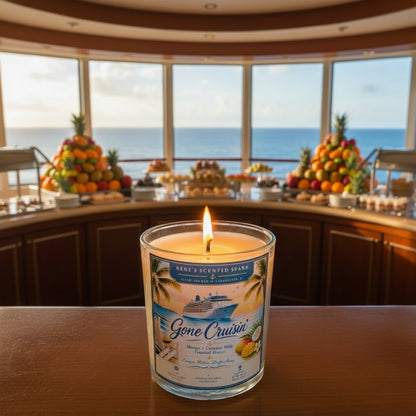 Lit Gone Cruisin' hand-poured coconut wax candle displayed in front of a cruise ship buffet overlooking the ocean. Mango Coconut Milk scented candle inspired by tropical vacations and life at sea.