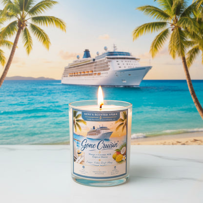 Hand-poured Gone Cruisin' coconut wax candle displayed on a beach with a tropical cruise ship in the background. Features a Mango Coconut Milk fragrance and coastal vacation-inspired label by Rene's Scented Spark.