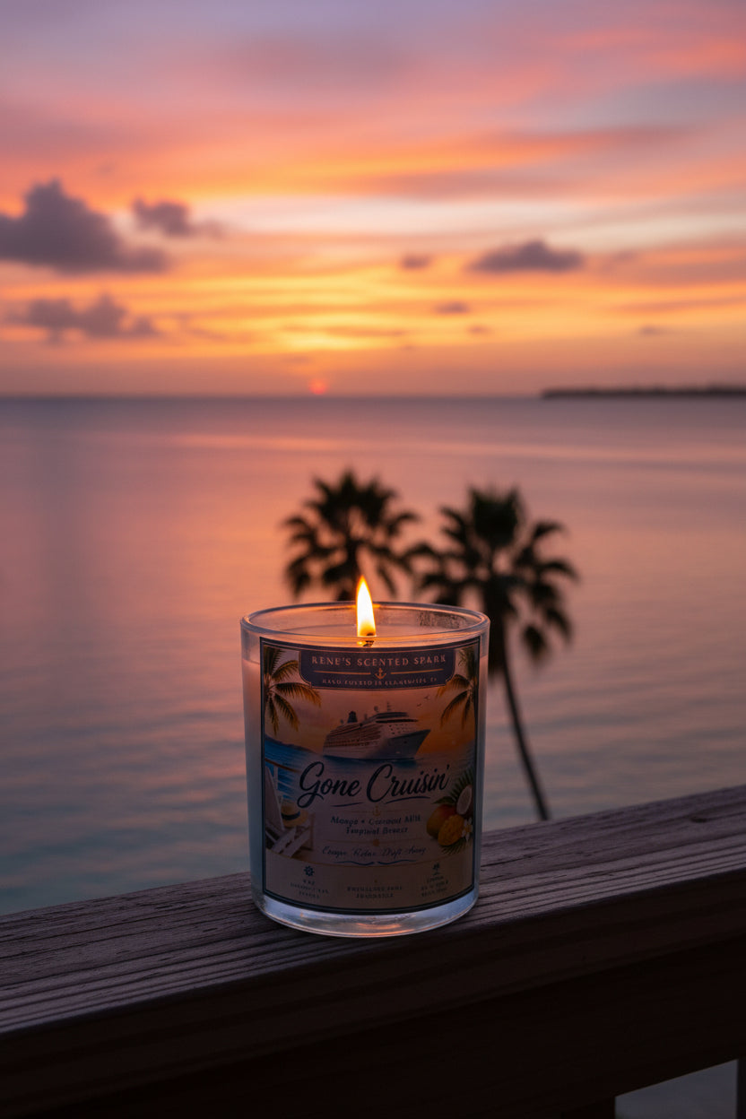 Candle with a scenic sunset and palm trees in the background