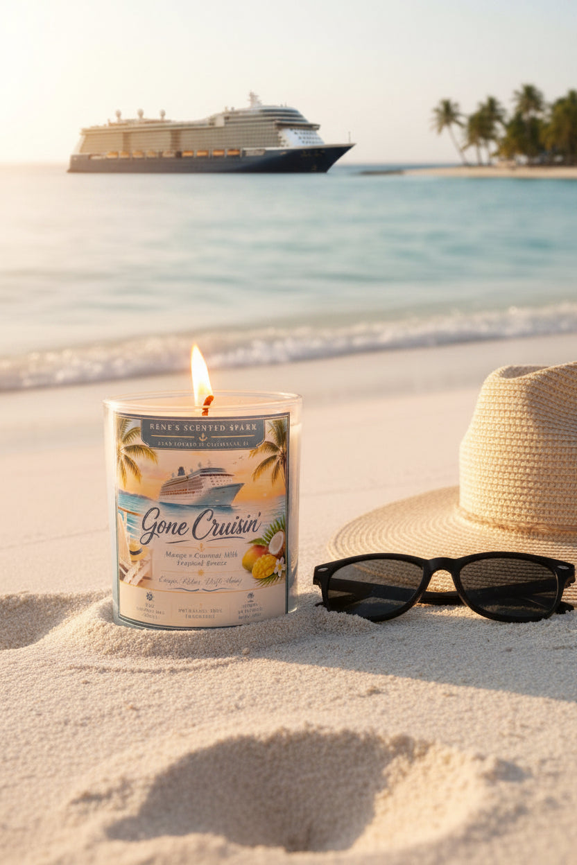 Candle labeled 'Gone Cruisin'' on a sandy beach with a hat and sunglasses, and a cruise ship in the background.