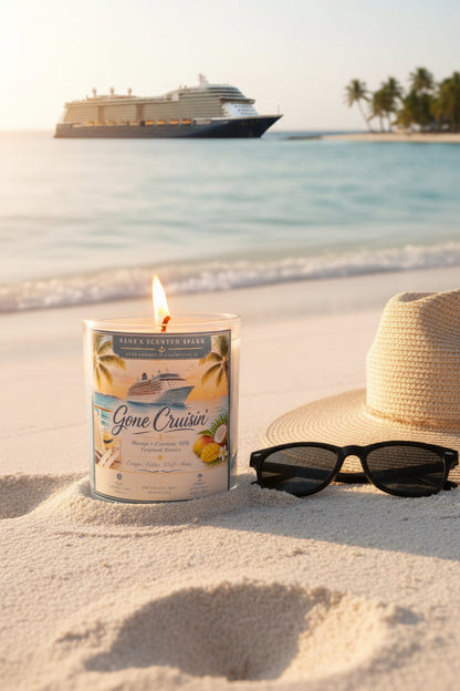 Candle labeled 'Gone Cruisin'' on a sandy beach with a hat and sunglasses, and a cruise ship in the background.