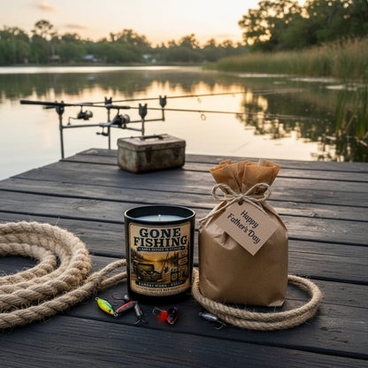 Gone Fishing candle styled as a Father's Day gift with rope and burlap accents on a rustic outdoor surface