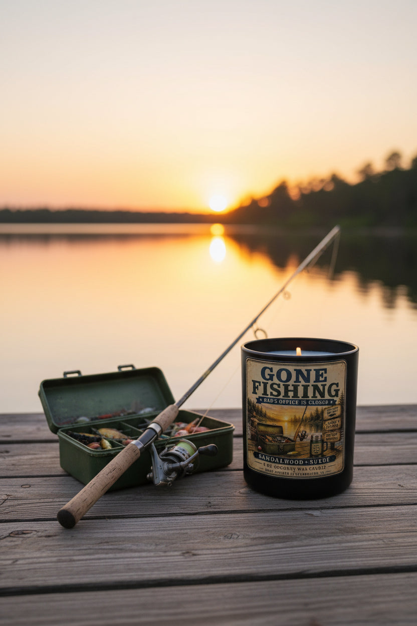 Gone Fishing sandalwood suede candle on a weathered dock at golden hour sunset with fishing rod and tackle box beside still water
