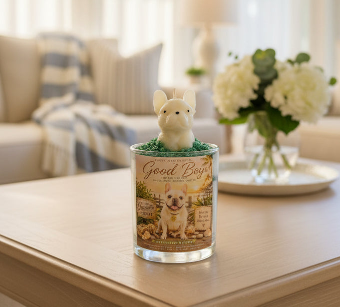A hand-poured luxury candle with a detailed white bull dog dog wax topper displayed on a light wood coffee table in an elegant coastal living room. Soft morning sunlight streams through large windows, with cream furnishings, fresh flowers, and a cozy throw blanket in the background.