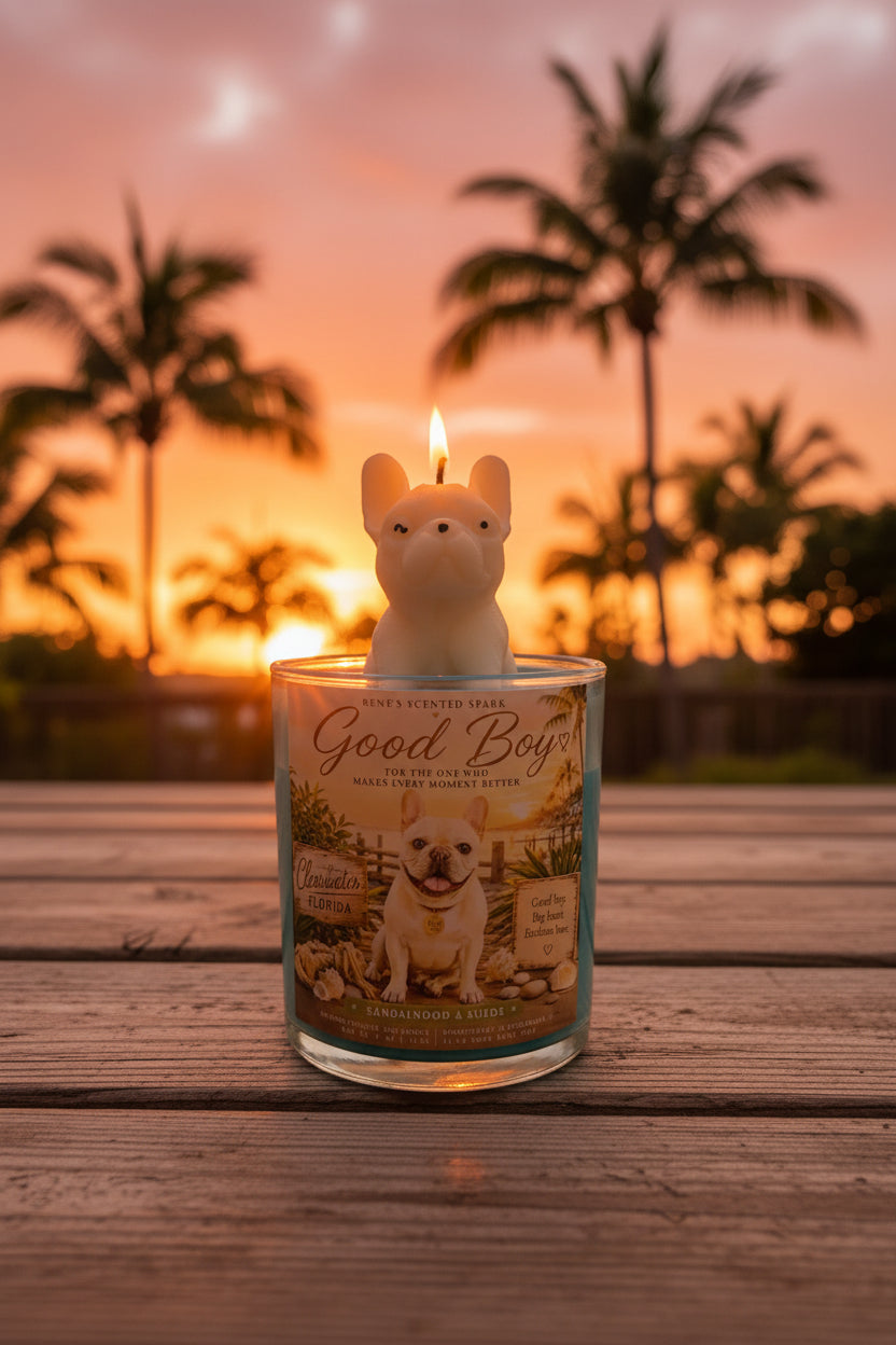 Candle with a dog-shaped wick holder on a wooden surface with palm trees in the background during sunset.