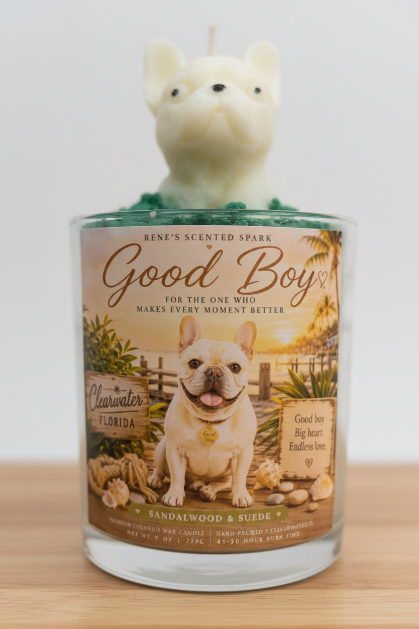 Candle with a dog-shaped wick and a label featuring a dog and text.