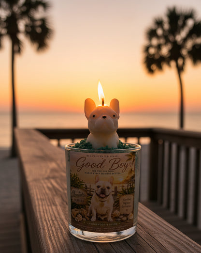 Candle with a dog-shaped wick holder on a wooden surface at sunset with palm trees in the background