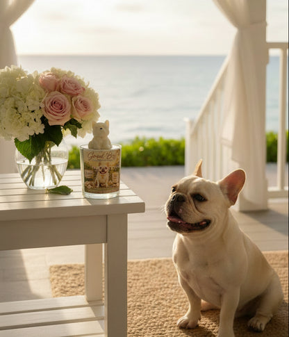 A luxury candle featuring a handcrafted french bull  dog wax topper displayed on a white coastal porch overlooking the ocean. Soft sea breezes move sheer curtains while fresh flowers decorate the table. A happy french bull dog sits nearby looking toward the candle. Warm golden hour lighting, premium lifestyle photography, coastal elegance, photorealistic.