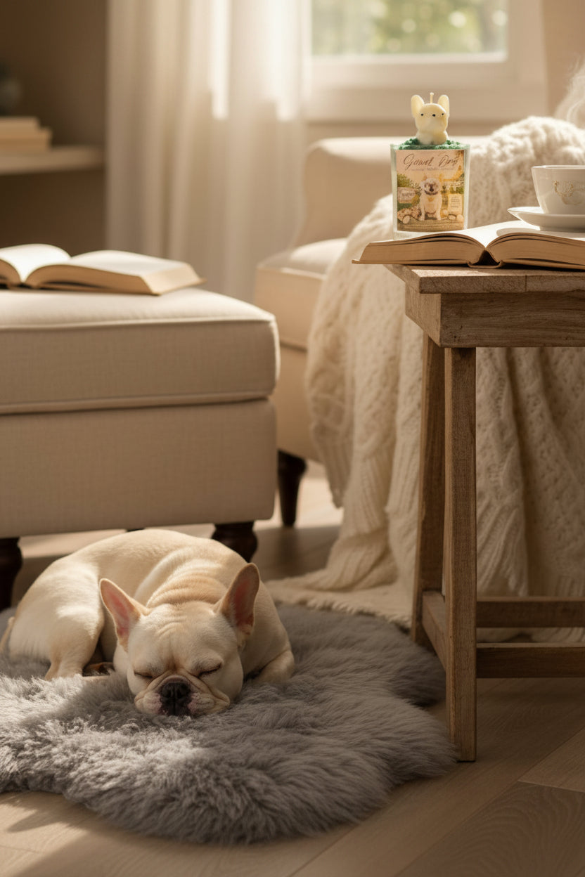 A handcrafted candle with a white french bull dog wax topper displayed beside an open book, a cup of tea, and a soft knit blanket in a cozy reading nook. Warm natural light fills the room while a french bull dog rests peacefully nearby.
