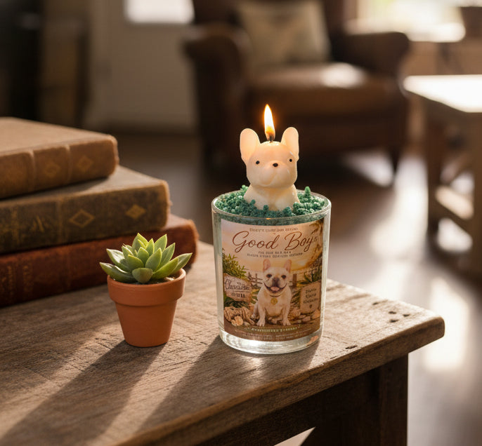 Candle with a dog-shaped top on a wooden table in a cozy living room.