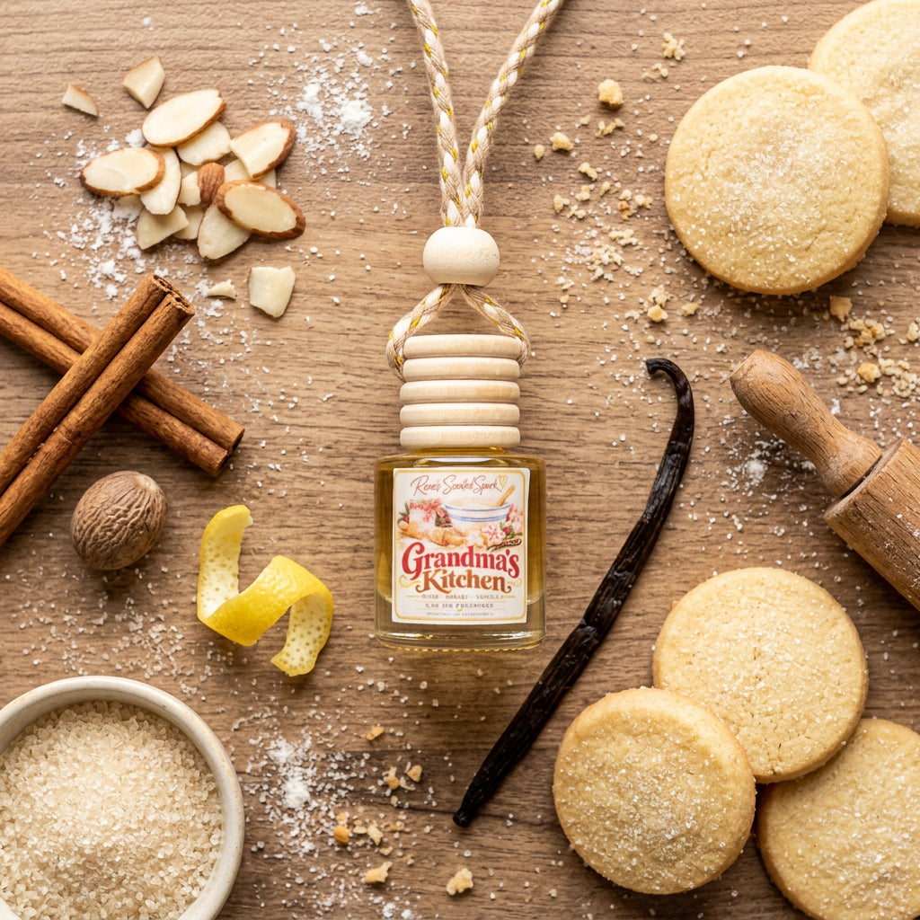 Grandma's Kitchen car freshener on a floured counter with almonds, cinnamon sticks, nutmeg, lemon peel, vanilla bean and sugar cookies