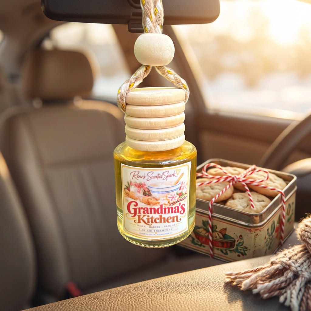 Grandma's Kitchen sugar cookie car air freshener hanging from a rearview mirror beside a tin of homemade cookies