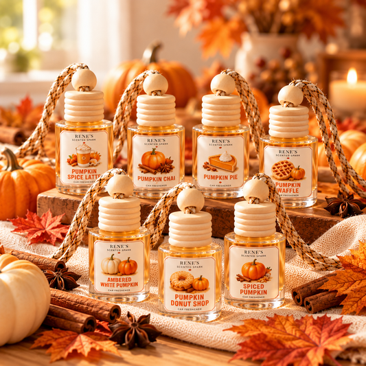 Pumpkin car air freshener collection by Rene's Scented Spark, hand-filled hanging glass diffusers in seven pumpkin scents styled with pumpkins and cinnamon.