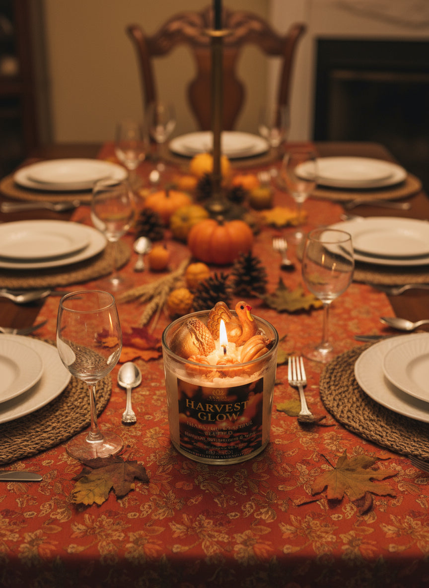 Thanksgiving table setting with candles, pumpkins, and fall decorations.