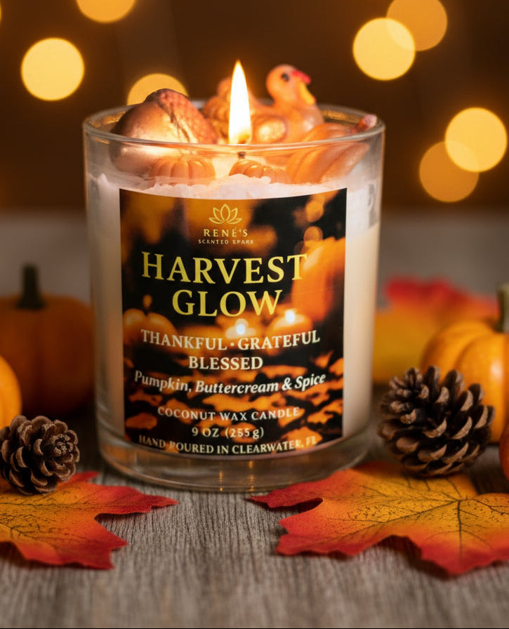 Candle labeled 'Harvest Glow' with decorative elements on a teal background