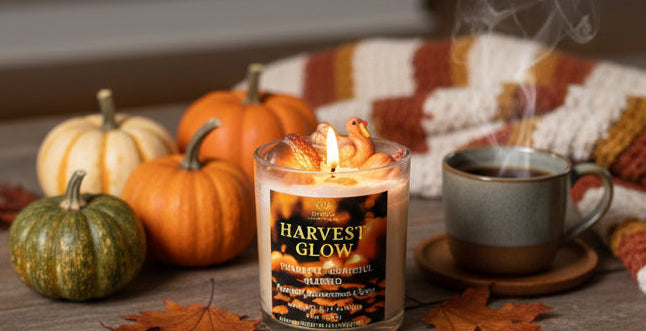 Harvest-themed candle with pumpkins and a mug on a table