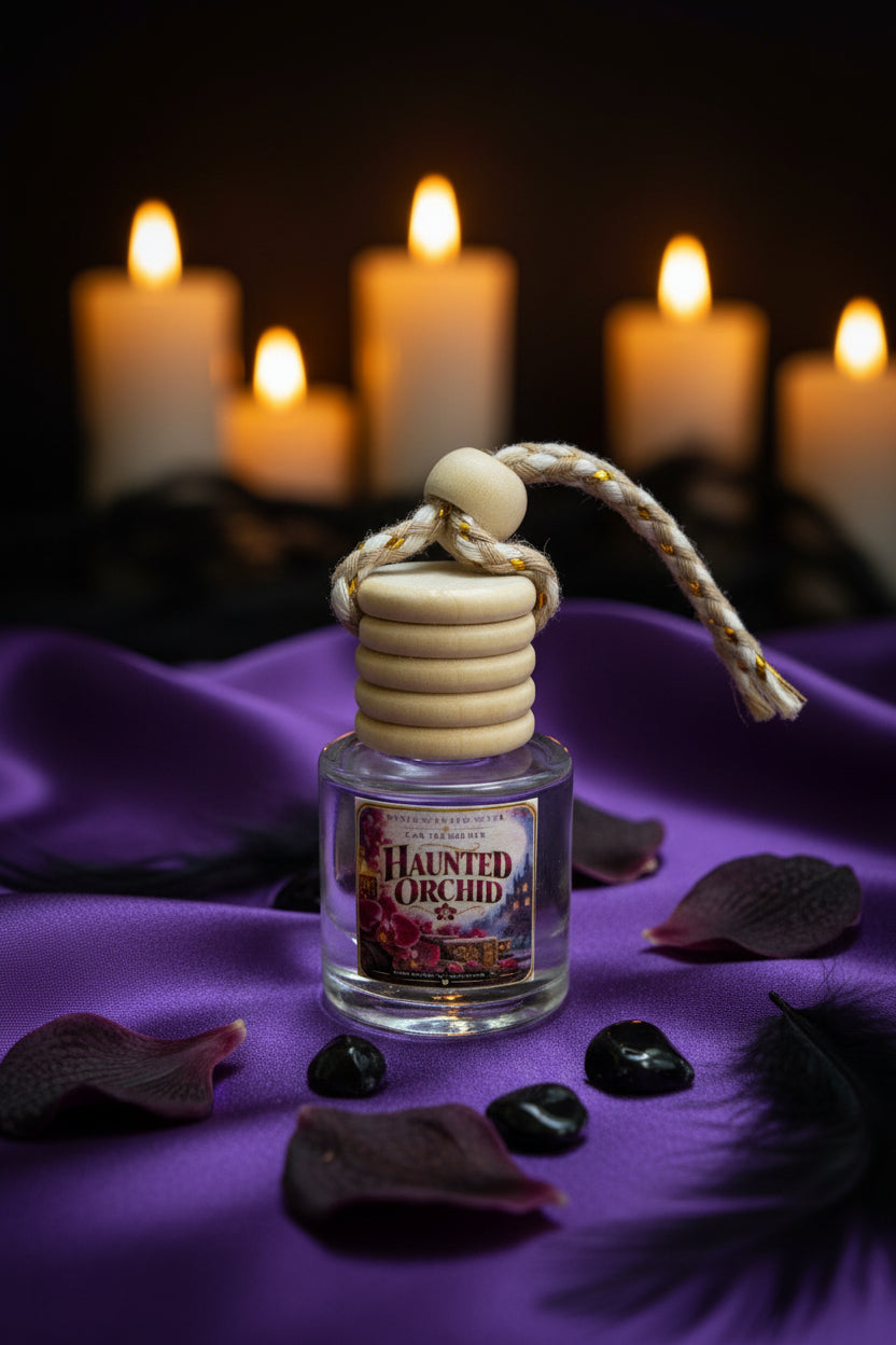 Haunted Orchid hanging car air freshener by Rene’s Scented Spark displayed on rich purple satin with dark orchid petals, black stones and softly glowing candles in the background.