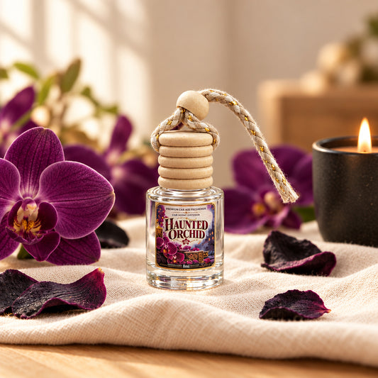 Haunted Orchid hanging car air freshener by Rene’s Scented Spark displayed on rich purple satin with dark orchid petals, black stones and softly glowing candles in the background.