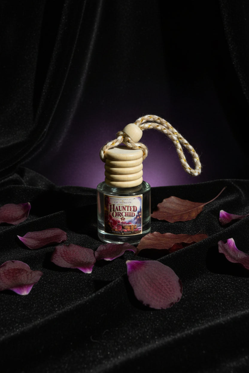Haunted Orchid hanging car air freshener displayed on black satin with scattered dark purple and burgundy flower petals, featuring a moody purple glow behind the bottle.