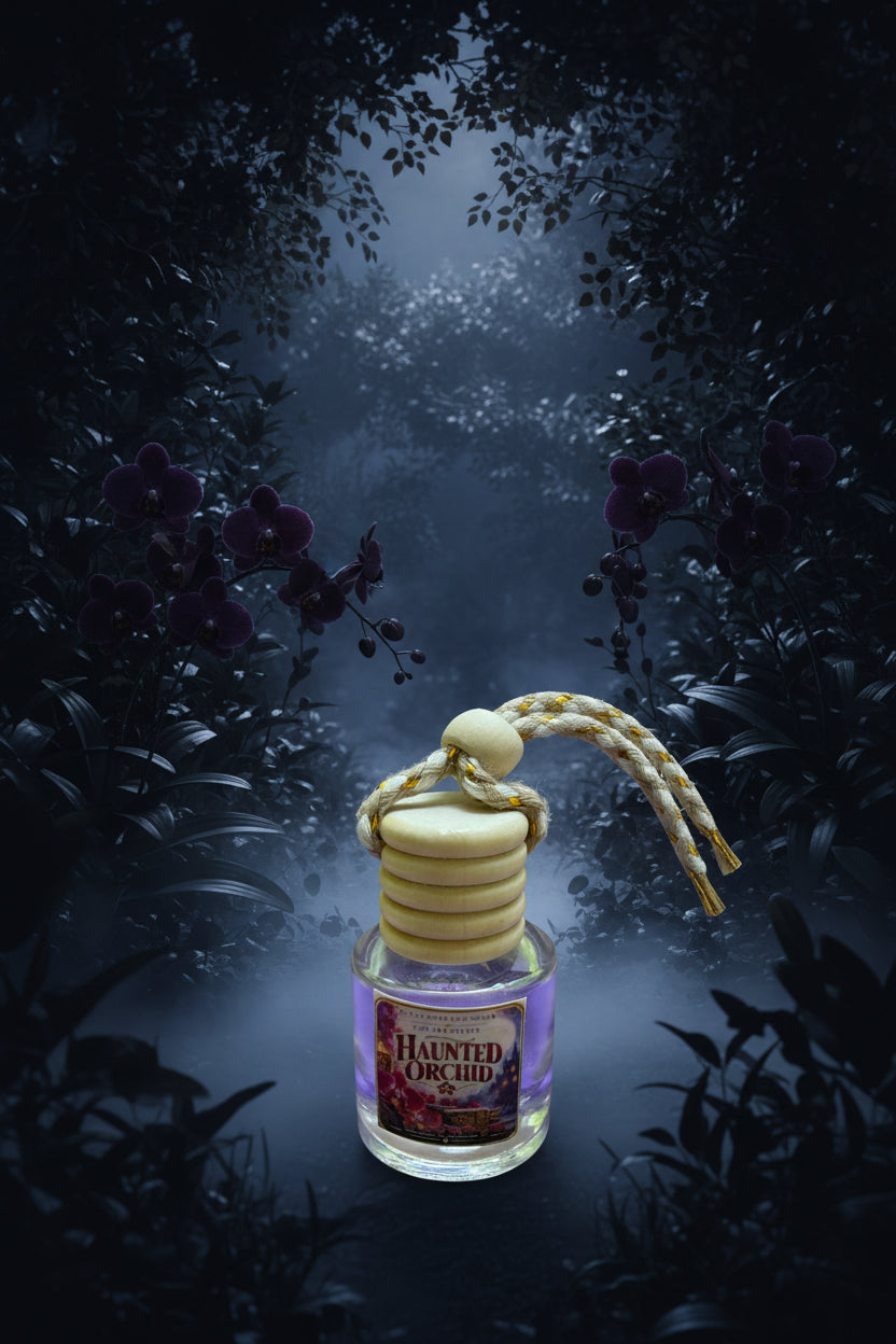 Haunted Orchid hanging car air freshener displayed in a dark, misty moonlit garden surrounded by deep purple orchids and shadowy foliage, creating an elegant gothic Halloween atmosphere.