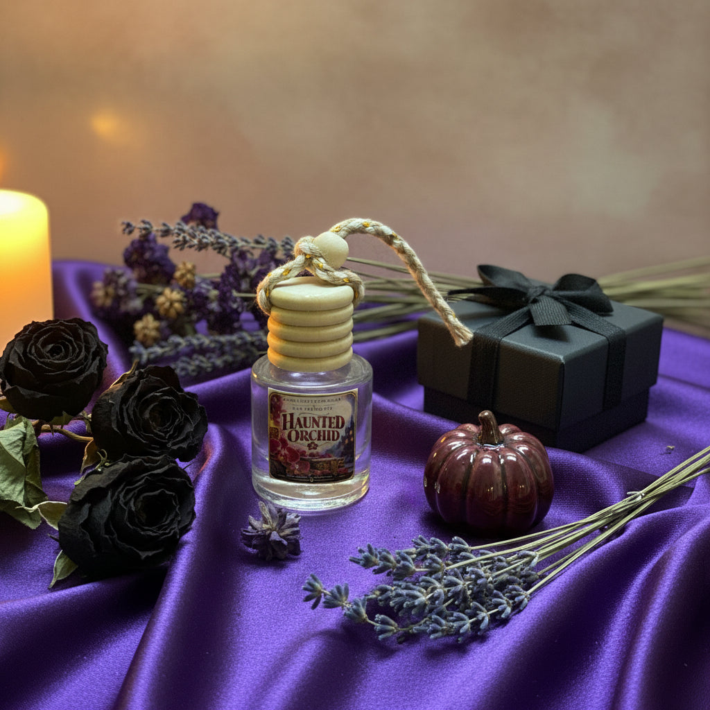 Haunted Orchid hanging car air freshener displayed on rich purple satin with black roses, dried lavender, a dark purple pumpkin, black gift box, and glowing candle for an elegant gothic Halloween setting.
